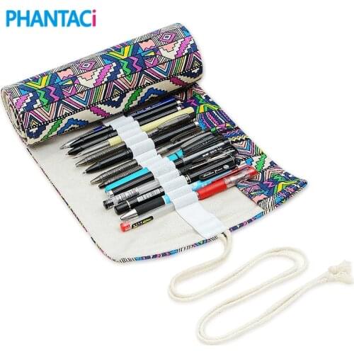 National Design Canvas 36/48/72/108 Holes Pencil Case School Roll Pouch Makeup Cosmetic Brush Pen Storage Box Stationery