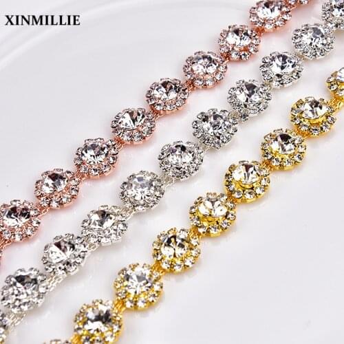 90cm/Lot Rhinestone Flower Chain Trim Clear Crystal Stone Silver/Gold/Rose Metal Base 12mm Width DIY Dress Belt Waist Banding