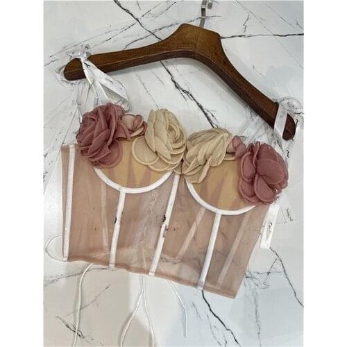 Flower Camisole for WomenStrap Mesh Lace-up See-through Slim Fit Tube Top Underwear Crop Top Summer Female Clothing