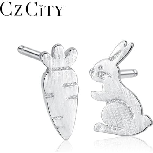 CZCITY Fashion Rabbit & Carrot Design S925 Stud Earrings for Women Vivid Animal Sterling Silver 925 Earrings Fine Jewelry Gifts