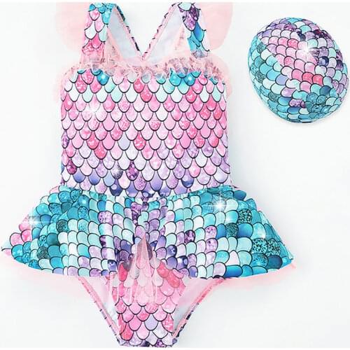 Mermaid Little Princess Swimsuit Baby Girls Swimwear One Piece Girls With Hat Children Swimwear Kids Beach Wear Bathing Suit