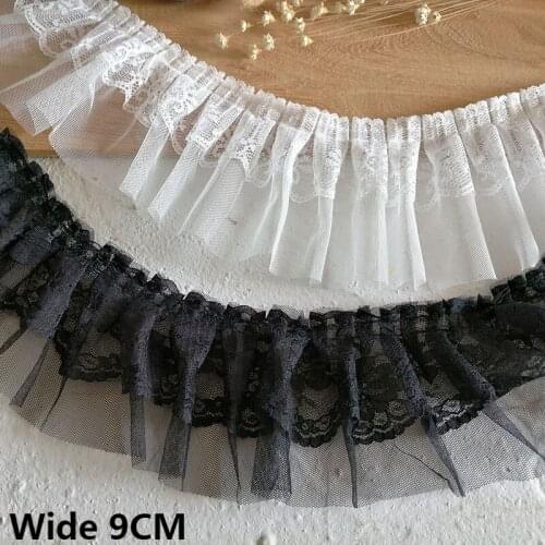9CM Wide Double Layers White Black Mesh Pleated Fabric Lace Embroidered Flowers Fringe Ribbon Wedding Dress Clothes Sewing Decor