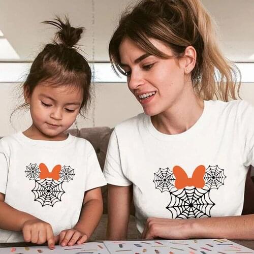 Fashion Spider Web Minnie Mouse Head Printed Women T Shirt Tees Family Clothes Summer Kids T-shirt Harajuku Mommy and Me Tshirt