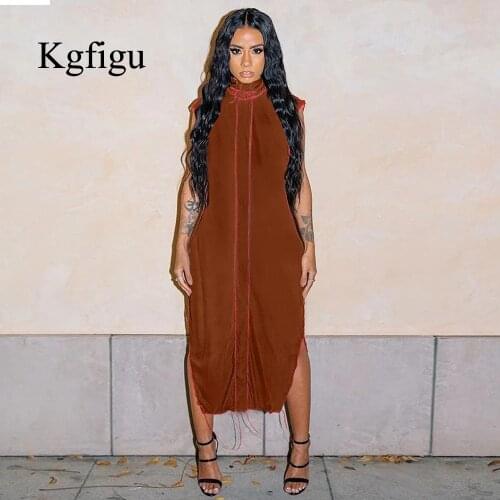 KGFIGU 2020 New Arrival Spring Auttum Sleeveless Side Cut Mesh Material Loose Outfits Sexy Women Brown Long Dress