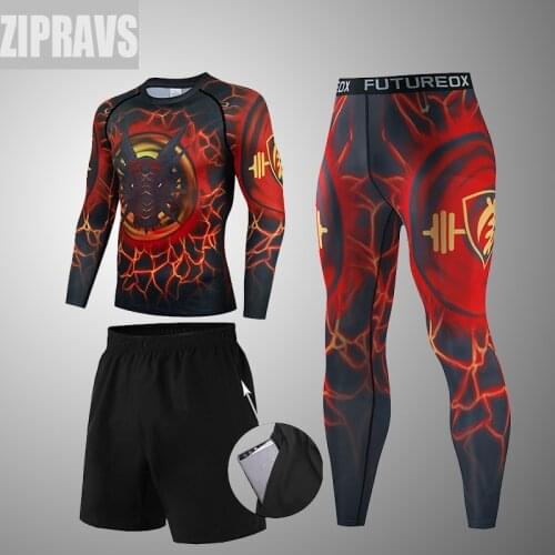 High-quality 3 piece set of sports mens compression gym tights sportswear training set rock dragon shirt exercise jogging sport