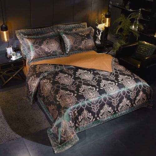 Dropshipping Duvet Cover Set Wedding Jacquard bedding set Lace flat sheet Pillowcase 4pcs European luxury Golden Blue 206