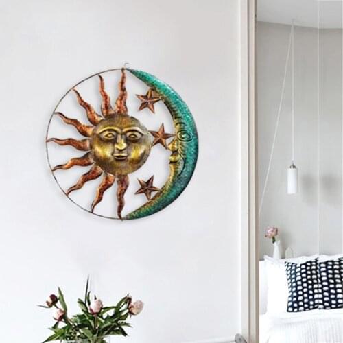 Wrought Iron Moon Sun Pendant Metal Wall Ornament Home Living Room Background Garden Decor Interior Exterior Adornment