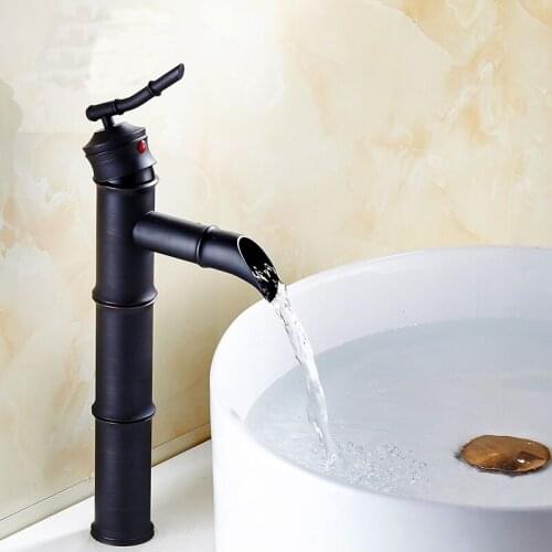 Copper European black antique bamboo style wash basin faucet mixer water tap, Art retro brass bathroom basin faucet hot and cold