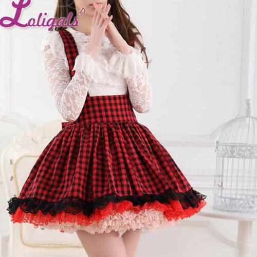 Sweet Japanese Style Super Adorable Red and Black Plaid Pleated Lace Jumper Skirt for Girl Free Shipping