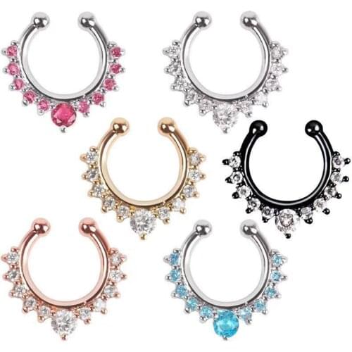 Fashion Clicker Fake Septum Nose Rings Crystal Ear Clip for Women Punk Faux Non-Piercing Body Ear Cuff Jewelry Wholesale 2020