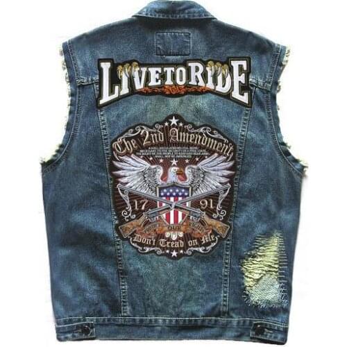 Motorcycle Denim Classic Vest Mens Distressed Ripped Rivet Biker Sleeveless Jacket With Embroidered Eagle Patches 5XL