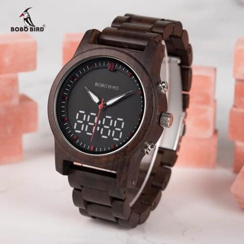 BOBO BIRD Men Watches Luxury Brand LED Digital Quartz Double Display Wood Mens Watch relogio masculino OEM Drop Shipping