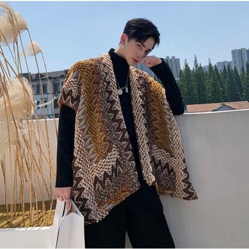 2019 Men Vintage Knitted Pattern Sweater Cardigan Shawl Coat Male Women Streetwear Sleeveless Sweater Jacket Outerwear
