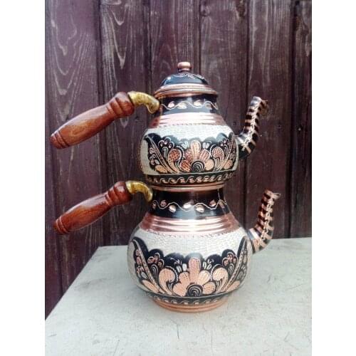 Set of 2 Teapots Turkish Tea Hammered Copper Teapot Kettle Stovetop Teapot (Engraved Copper) Original Handmade Anatolian