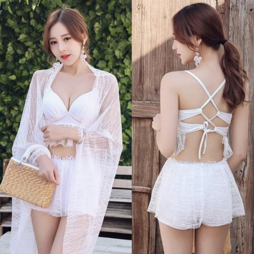 2021 New Womens Deep V Big Backless Sexy Bikini Three-piece Split Boxer Conservative Slim Swimsuit