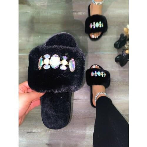 2021 spring and autumn new fashion sexy plush open toe roman rhinestone outdoor female slippers Plus Size