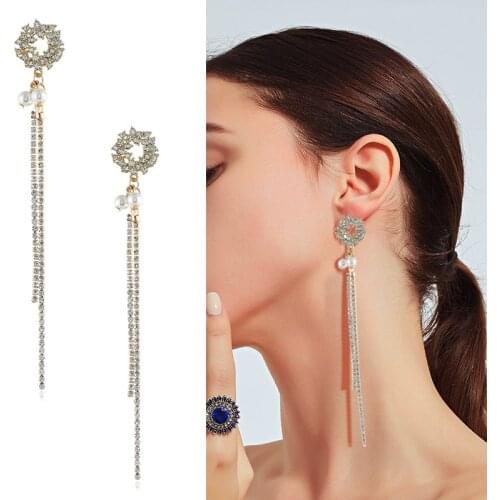 New Fashion Temperament Fringe Circle Dangle Earrings Rhinestone Long Drop Earrings For Women Jewelry