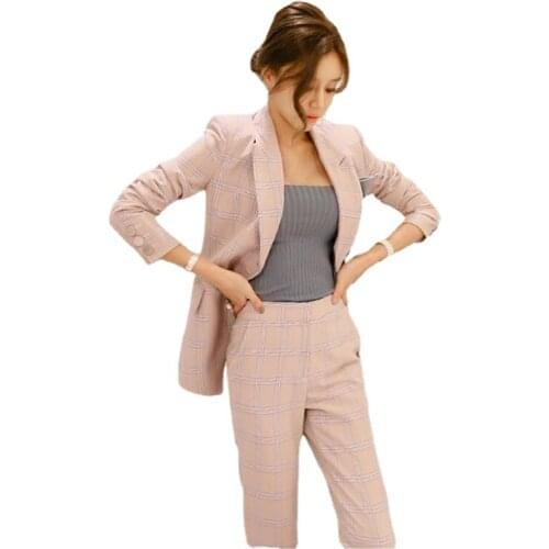 Office Lady Women 2 Piece Sets Fashion Pink Blazer Suits Outfits Long Sleeve Plaid Jackets&Pants Elegant OL Two Pieces Suits