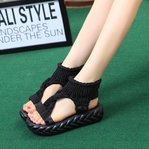 Women Gladiator Sandals Summer Flat Wool Shoes Thick-bottomed Knitting Sandals Solid Ladies Platform Sandalias Zapatos Mujer
