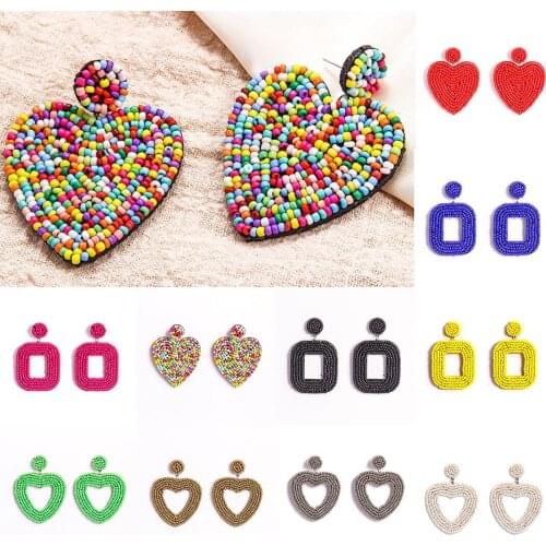 Chic Handmade Beaded Earrings for Women Colorful Beads Love Heart Drop Earring Geometric Rectangle Dangle Earrings Party Jewelry