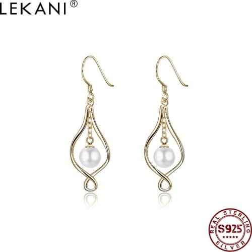 LEKANI 925 Sterling Silver Drop Earrings For Women Shell Pearl Geometric Champagne Gold Earring Simple Fine Jewelry Gift