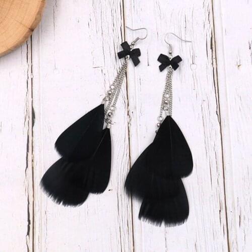Vintage Long Black Feather Tassel Crystal Dangling Earrings for Women Punk Statement Gothic Bowknot Charm Drop Earrings Ear Cuff