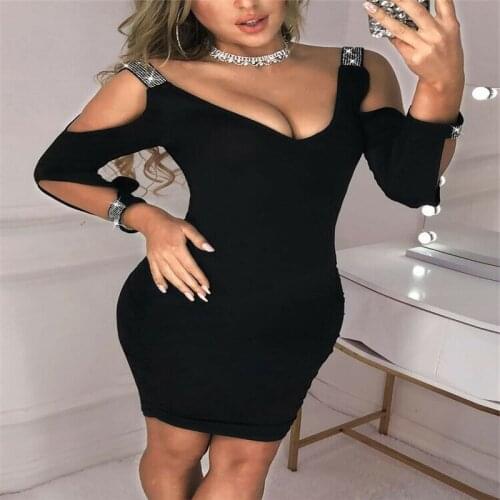 Sequin Womens Dress Sexy Rhinestone Long Sleeve Off Shoulder V Neck Mini Dresses Party Night Evening Party Dress Black Wine Red