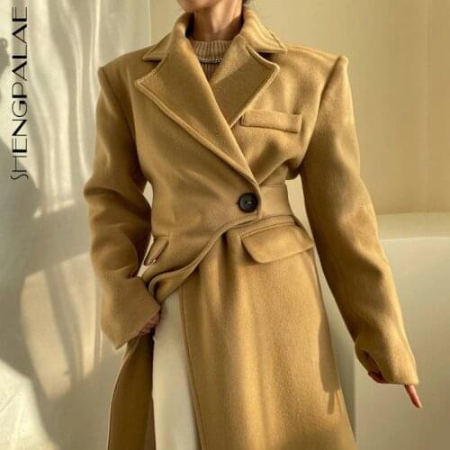 SHENGPALAE Fashion Casual Women Autumn And Winter Lapel One Grain Buckle Waist Design Loose Irregular Woolen Coat Female 5E2938
