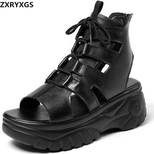 2021 Roman Style Summer Genuine Leather Sandals High-top Ankle Boots Summer Women Sandal Shoes Platform Wedges Increase Sandals