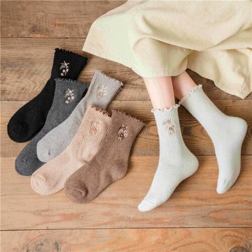 3 Pair/set Winter Women Daisy Ruffle Socks Cute Slouch Frilly Cotton Kawaii Solid Color Embroidery Ladies Casual Knit Sock