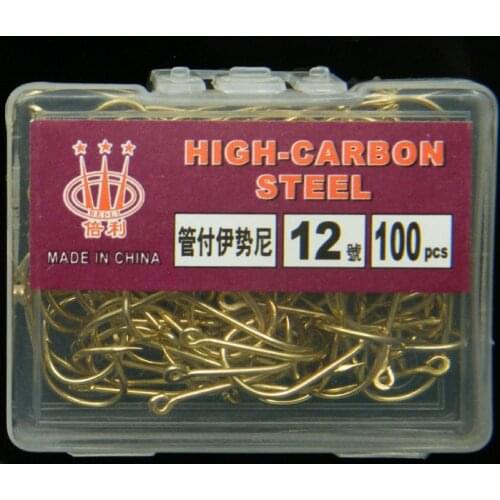 300pcs/lot High Carbon Steel Fishing Hook Gold Barbed Tube ISE Carp Fishing Hook