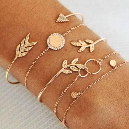 5 Pcs/Set Bohemian Fashion Arrow Gems Leaves Circle Bead Chain Open Bracelet Set Women Party Wedding Jewelry Gift Accessories