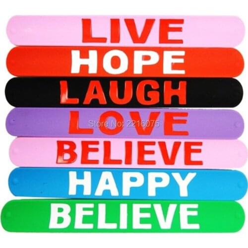 500pcs sports LIVE HOPE LAUGH LOVE BELIEVE HAPPY silicone slap bracelets rubber wristband free shipping by DHL express