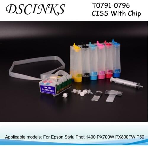 6 color Ciss For Epson T0791-0796 With Chip For Epson Stylu Phot 1400 PX700W PX800FW P50 Pinter Model
