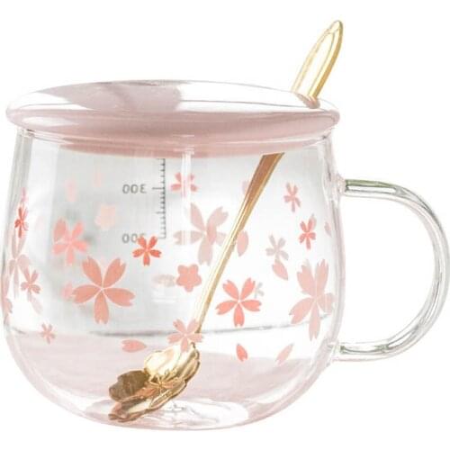 Cherry Blossom Cup Coffee Mug Spoon Ceramic Lid Heat Resistant Office Flower Tea Cup Transparent Breakfast Milk Glass Juice Mug