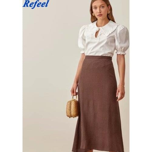 Elegant White Dot Print Midi Skirts Womens Summer Chiffon Brown Girl Skirt High Waist Bottom