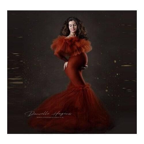 Elegant Mermaid Tulle Maternity Dressing Gowns Long Sleeves Puffy With Train Stretchy Spandex Pregnancy Dresses 2021