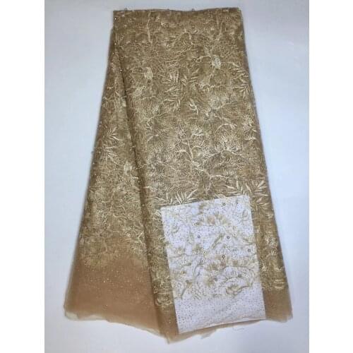 French Bead Lace Fabric Gold 2018 Latest African Mesh Tulle Lace Fabric 5Y Nigerian Guipure Lace Fabric High Quality D17492