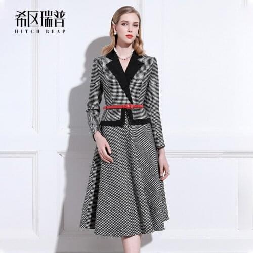 High End Temperament Dress 2021 Spring And Autumn Thousand Bird Pattern Black And White Stitching Suit Collar Medium Length Fema