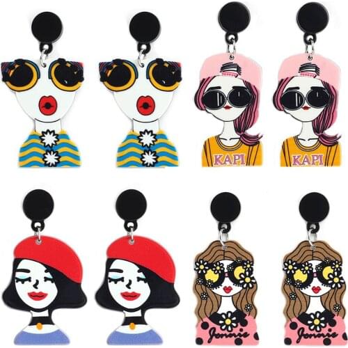 Fashion Cute Girl With Glasses Acrylic Dangle Earrings Geometric Painting Figure Big Drop Earrings For Women Punk Party Jewelry