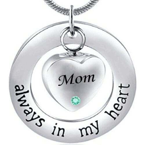 Mom Always in My Heart Ashes Urn Necklace for ashes Keepsake Cremation Pendant Jewelry