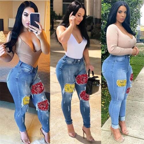 2021 New Fashion Womens Ripped Stitching Jeans Street Trendy Skinny Denim Pencil Pants Casual Trousers S-3XL Drop shipping