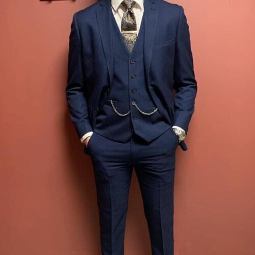 New Style Fashion Luxury Custom Navy Blue Men Suit Slim Fit Groomsmen For Wedding Dinner Beach Party Sets(Jacket+Vest+Pants)