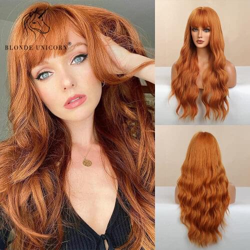 BLONDE UNICORN Long Wavy Synthetic Hair Wigs Red Orange with Bangs For Black White Women Heat Resistant Fiber Cosplay Party Wig