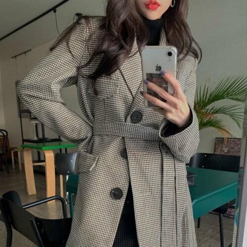 Women Autumn Houndstooth Slim Waist Blazer Coat Jacket with Belt Single Breasted Suits Outerwear