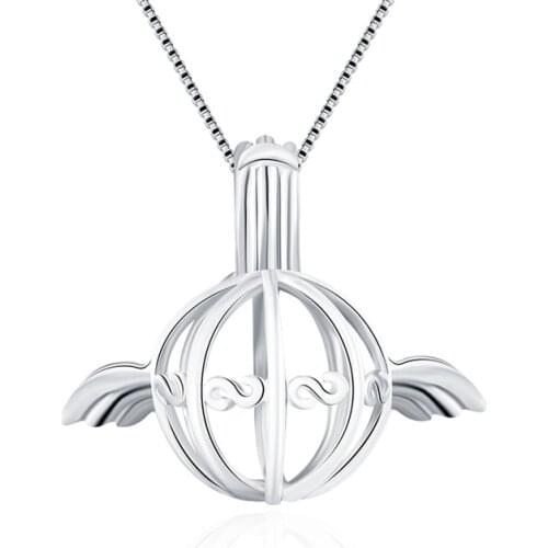 CLUCI 925 Sterling Silver Angel Wing Ball Shaped Pendants for Women Jewelry Necklace Real 925 Silver Pearl Cage Locket SC013SB