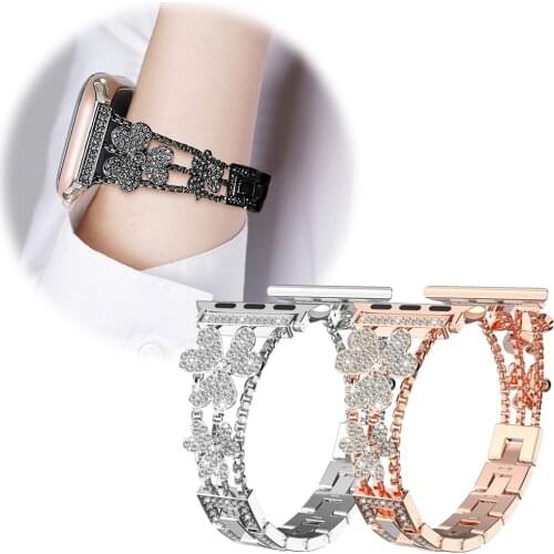 Stainless Steel Luxury Diamond Replacement Watch Bands Bling Bracelet With Flower Design for iWatch 5 4 3 Watchband 44/38mm