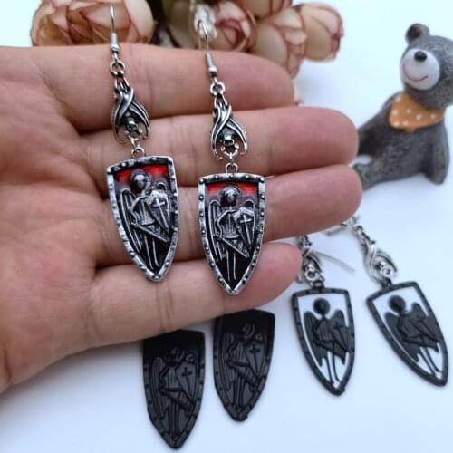 Dark Halloween Gothic Punk Upside Down Bat Red White Black Drop Oil Shield Cross Hook Earrings Wholesale Jewelry