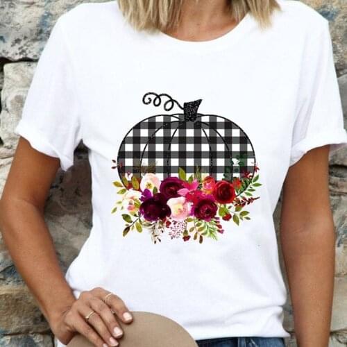 Women Pumpkin Plaid Lovely Flower Fall Thanksgiving Halloween Cartoon T Top Shirt Fashion Tee Print Female Graphic T-Shirts