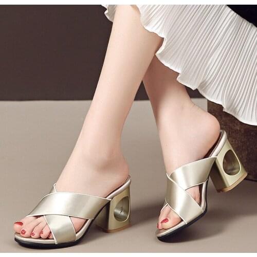 YMECHIC Fashion Summer 2019 Cross Band Gold Silver Sequined Block High Heels Slides Women Outdoor Party Shoes Female Plus Size